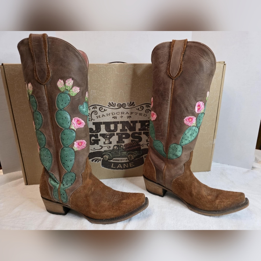 Junk Gypsy by Lane Brown Leather Cactus Embroidered Heeled Boots - Brown & Green